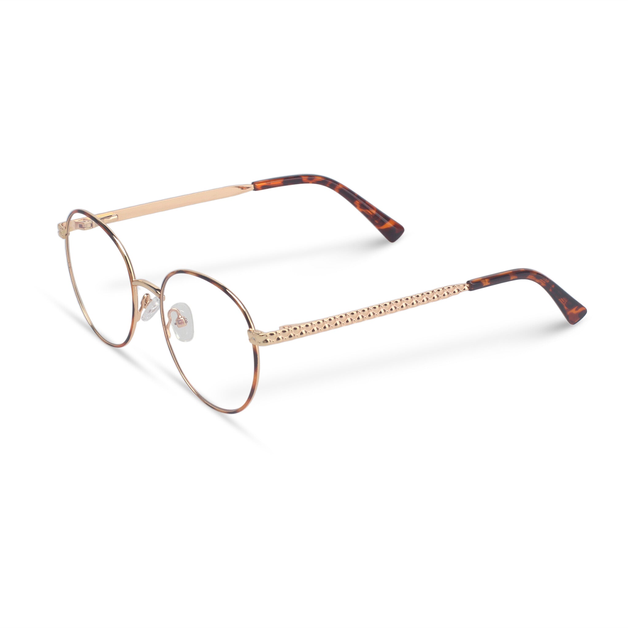 Round tortoise and gold eyeglasses