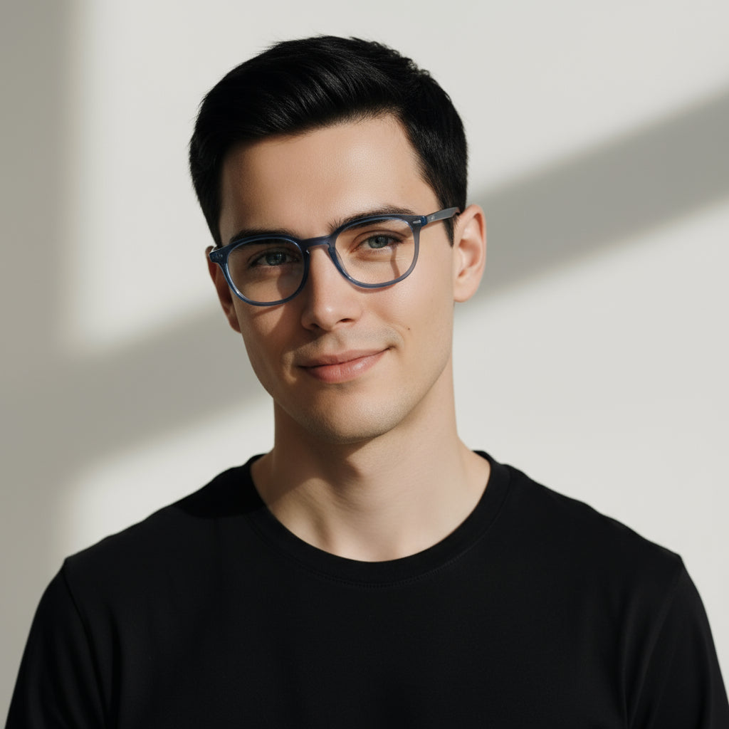 blue square plastic eyeglasses