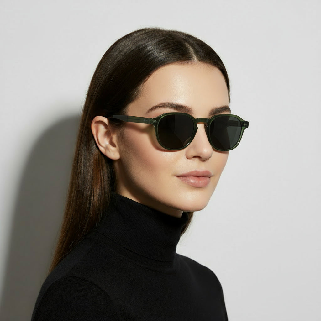 Green sunglasses with minimal square frame